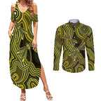 Yellow Indigenous Dragonfly Australia Couples Matching Summer Maxi Dress and Long Sleeve Button Shirt Aboriginal Art - Aussie Hoodie