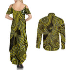 Yellow Indigenous Dragonfly Australia Couples Matching Summer Maxi Dress and Long Sleeve Button Shirt Aboriginal Art - Aussie Hoodie