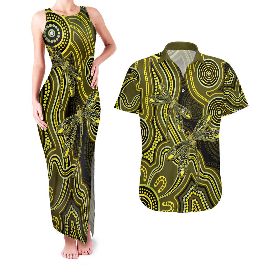 Yellow Indigenous Dragonfly Australia Couples Matching Tank Maxi Dress and Hawaiian Shirt Aboriginal Art - Aussie Hoodie
