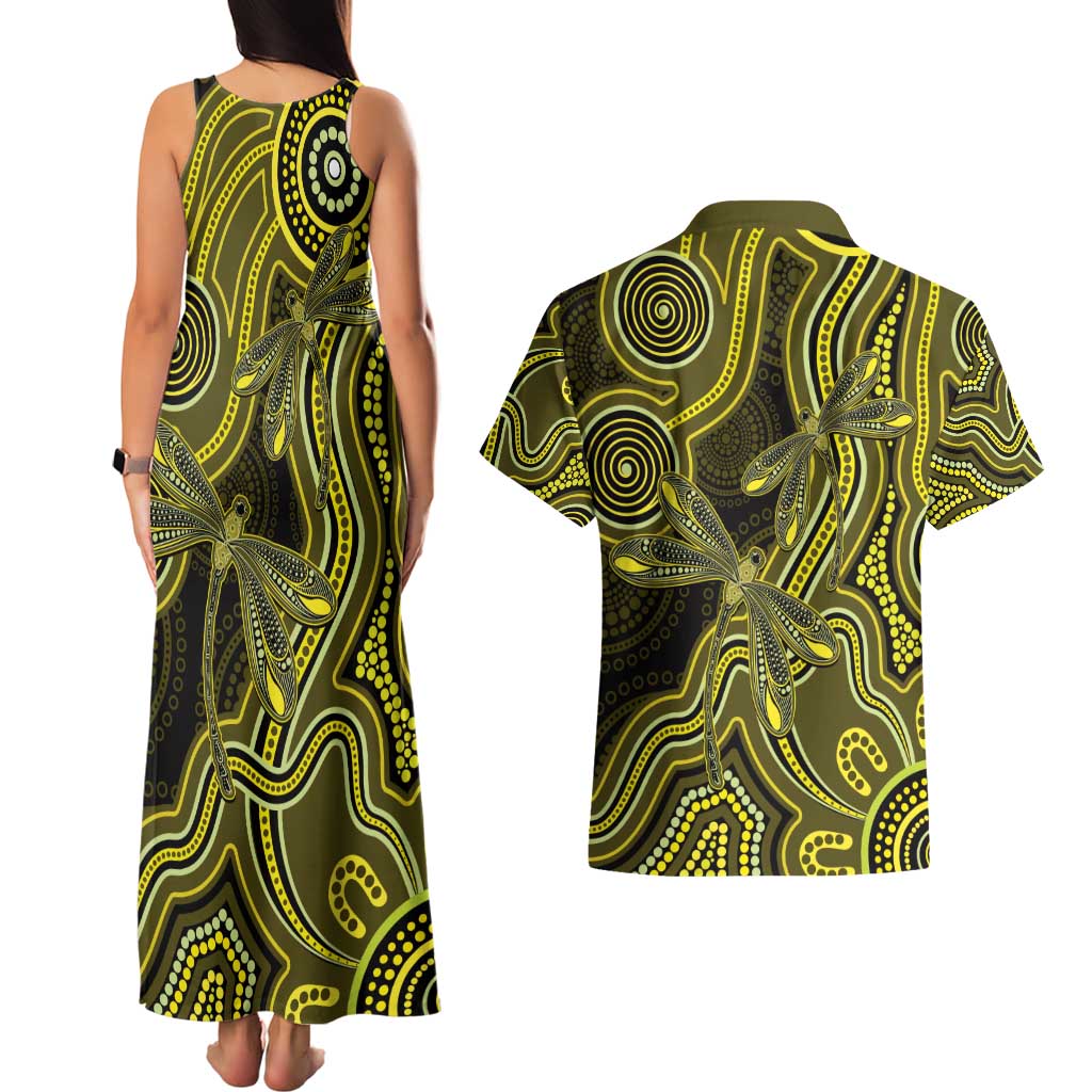 Yellow Indigenous Dragonfly Australia Couples Matching Tank Maxi Dress and Hawaiian Shirt Aboriginal Art - Aussie Hoodie