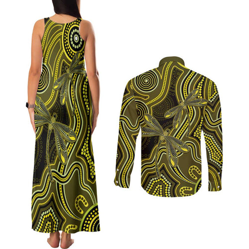 Yellow Indigenous Dragonfly Australia Couples Matching Tank Maxi Dress and Long Sleeve Button Shirt Aboriginal Art - Aussie Hoodie