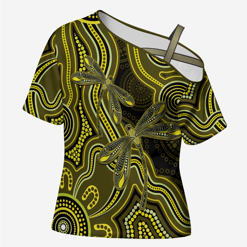 Yellow Indigenous Dragonfly Australia Cross Shoulder Shirt Aboriginal Art - Aussie Hoodie