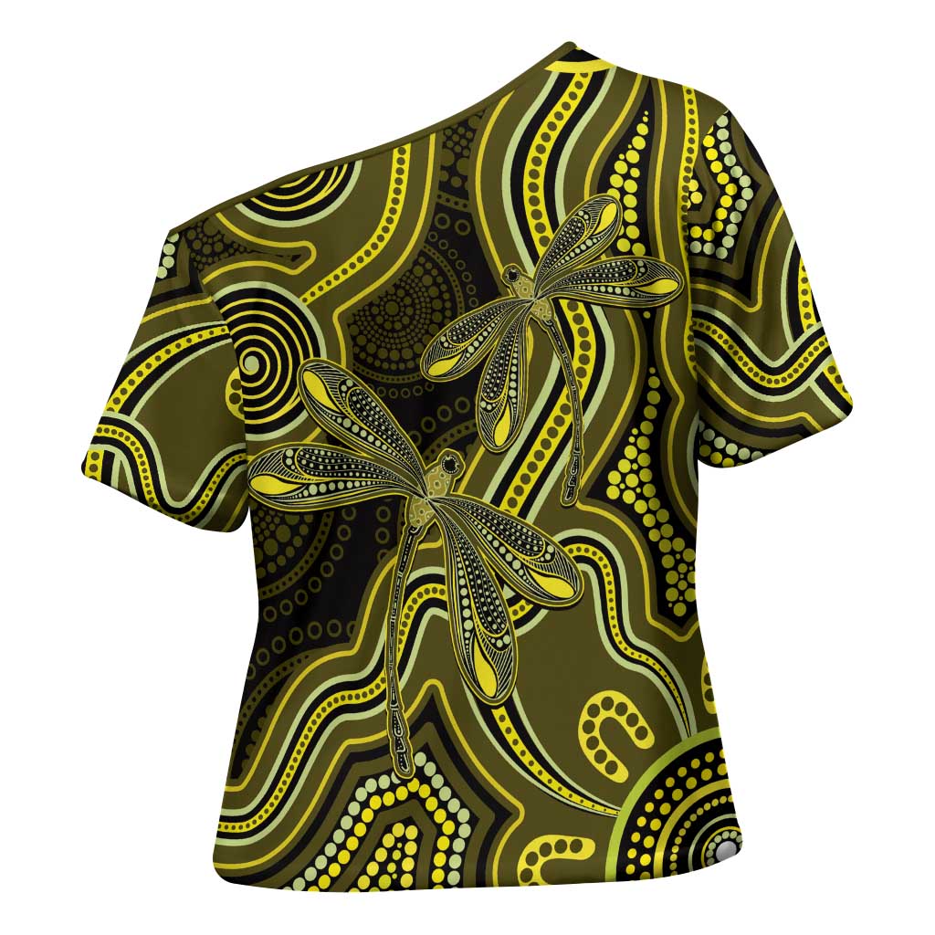 Yellow Indigenous Dragonfly Australia Cross Shoulder Shirt Aboriginal Art - Aussie Hoodie