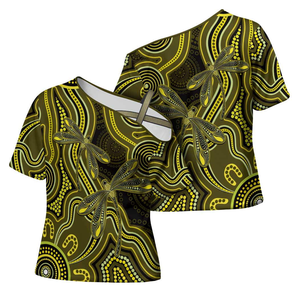 Yellow Indigenous Dragonfly Australia Cross Shoulder Shirt Aboriginal Art - Aussie Hoodie