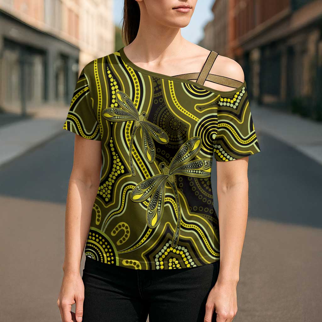 Yellow Indigenous Dragonfly Australia Cross Shoulder Shirt Aboriginal Art - Aussie Hoodie