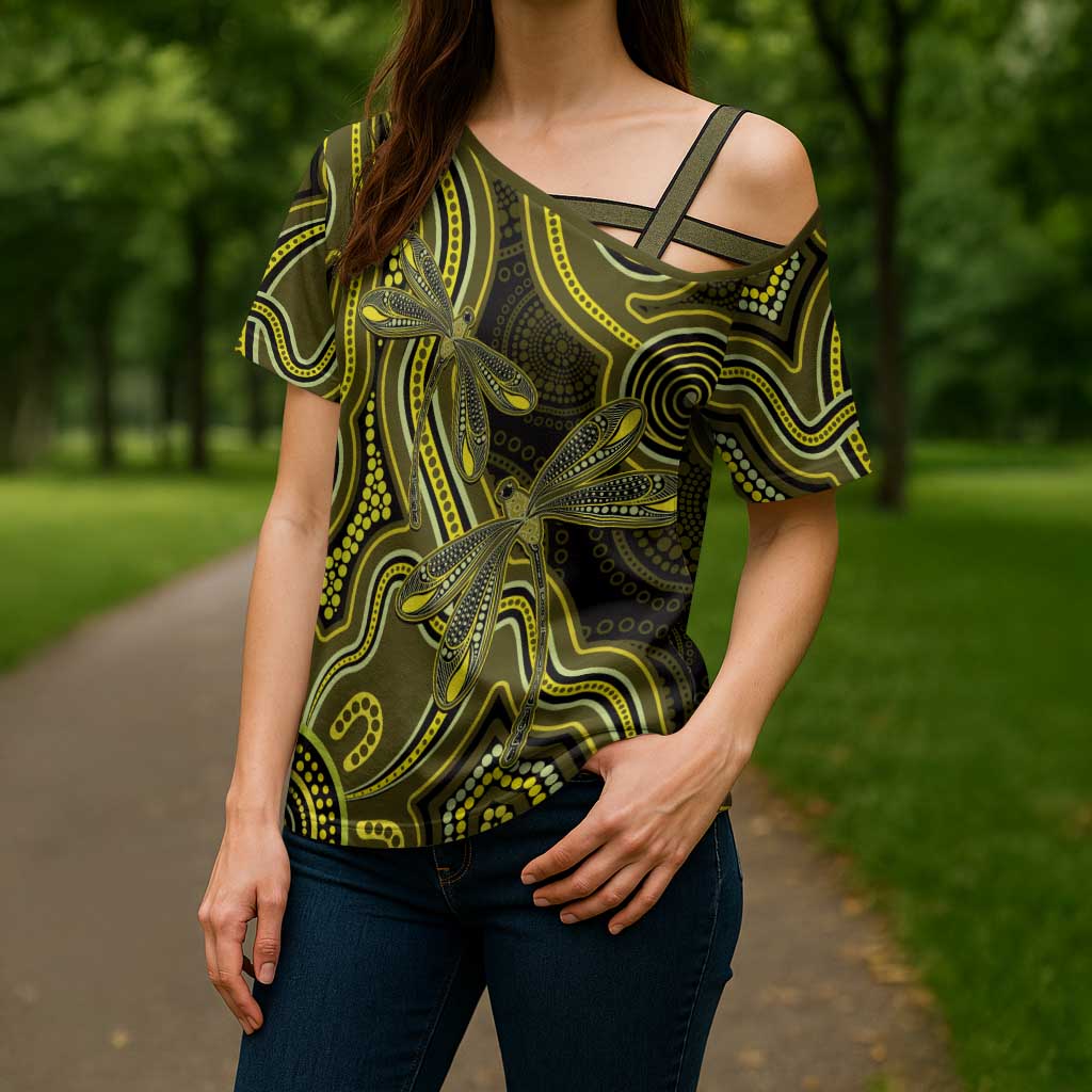 Yellow Indigenous Dragonfly Australia Cross Shoulder Shirt Aboriginal Art - Aussie Hoodie
