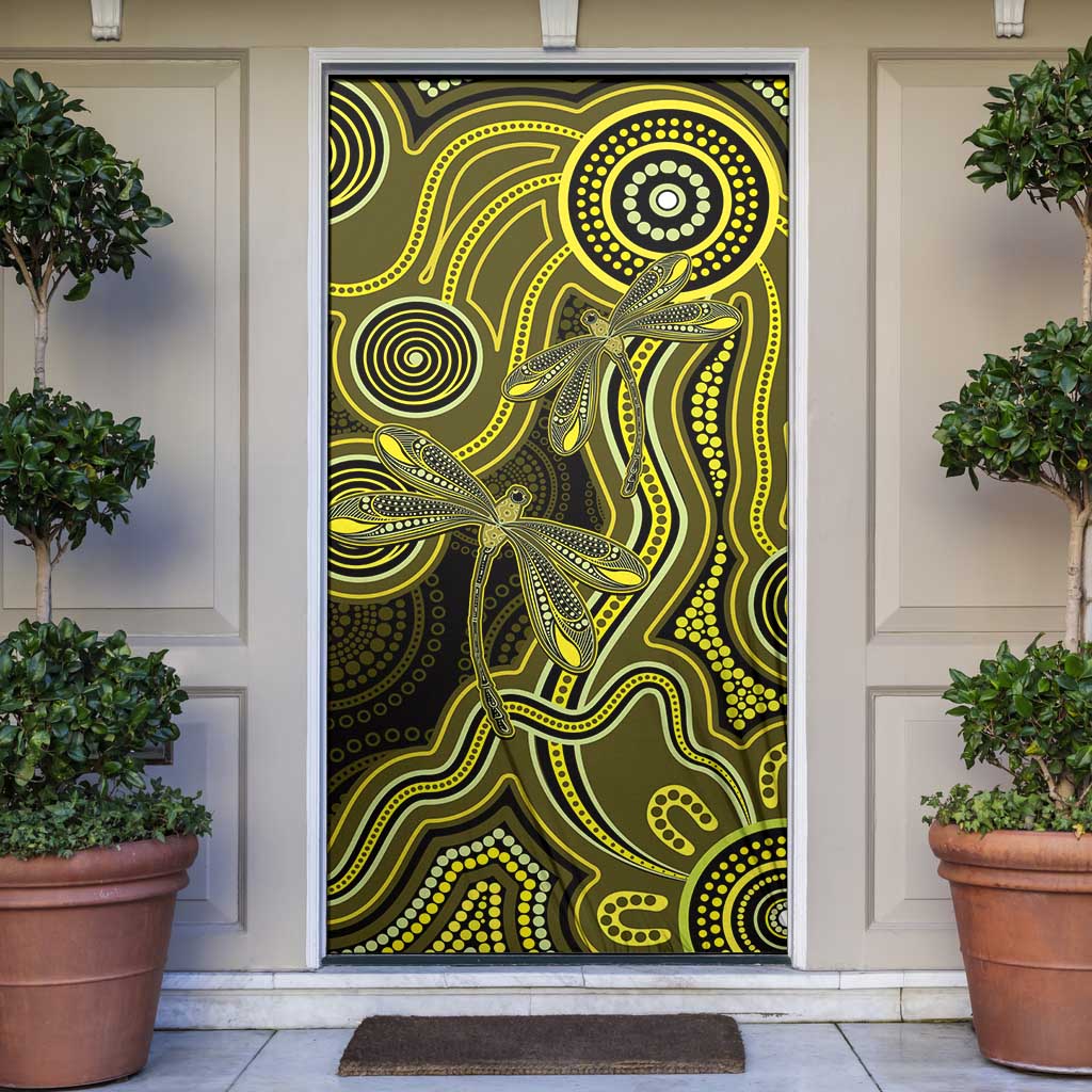 Yellow Indigenous Dragonfly Australia Door Cover Aboriginal Art - Aussie Hoodie