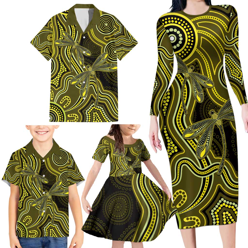 Yellow Indigenous Dragonfly Australia Family Matching Long Sleeve Bodycon Dress and Hawaiian Shirt Aboriginal Art - Aussie Hoodie