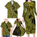 Yellow Indigenous Dragonfly Australia Family Matching Long Sleeve Bodycon Dress and Hawaiian Shirt Aboriginal Art - Aussie Hoodie