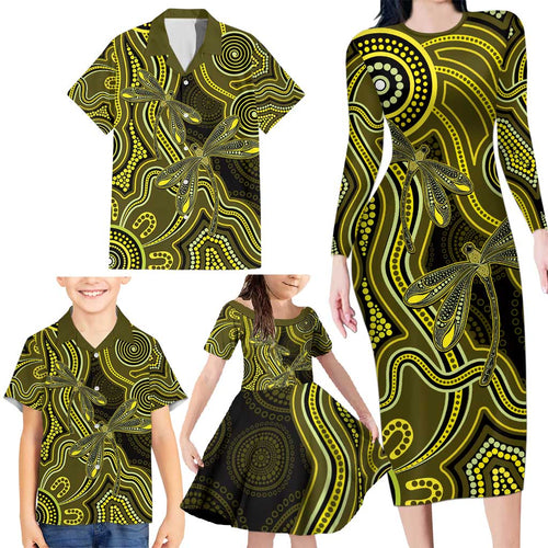 Yellow Indigenous Dragonfly Australia Family Matching Long Sleeve Bodycon Dress and Hawaiian Shirt Aboriginal Art - Aussie Hoodie