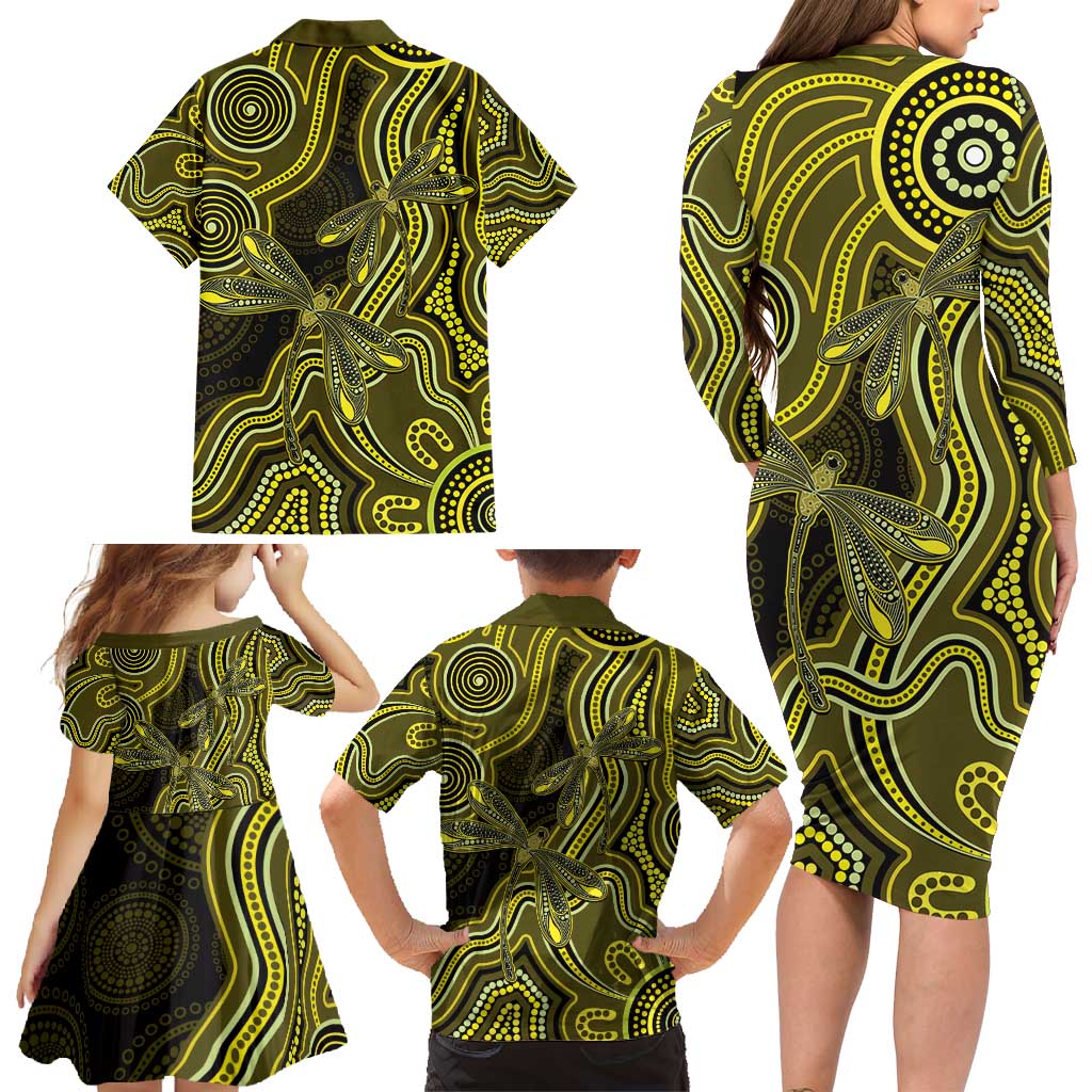 Yellow Indigenous Dragonfly Australia Family Matching Long Sleeve Bodycon Dress and Hawaiian Shirt Aboriginal Art - Aussie Hoodie