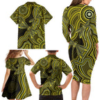 Yellow Indigenous Dragonfly Australia Family Matching Long Sleeve Bodycon Dress and Hawaiian Shirt Aboriginal Art - Aussie Hoodie