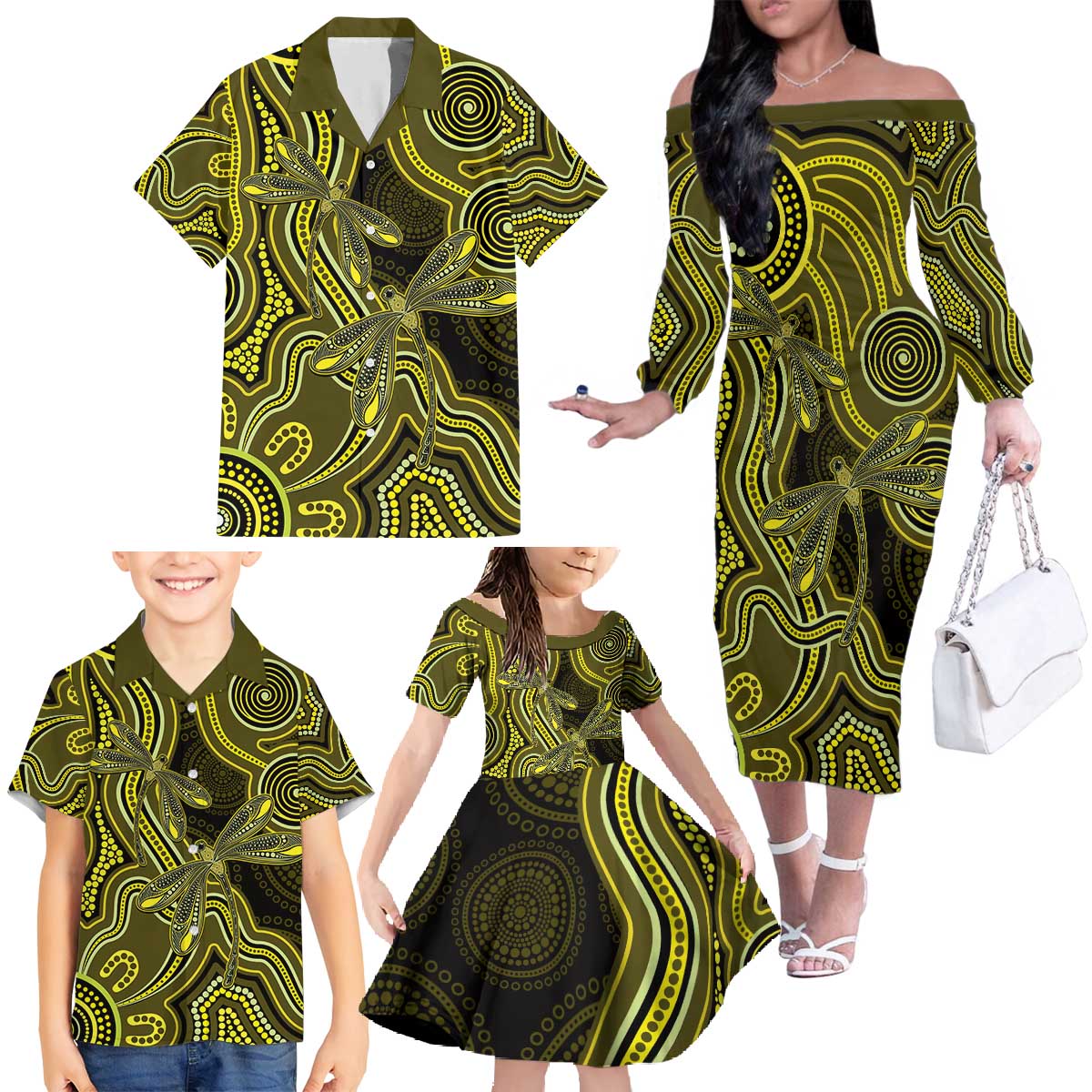 Yellow Indigenous Dragonfly Australia Family Matching Off The Shoulder Long Sleeve Dress and Hawaiian Shirt Aboriginal Art - Aussie Hoodie