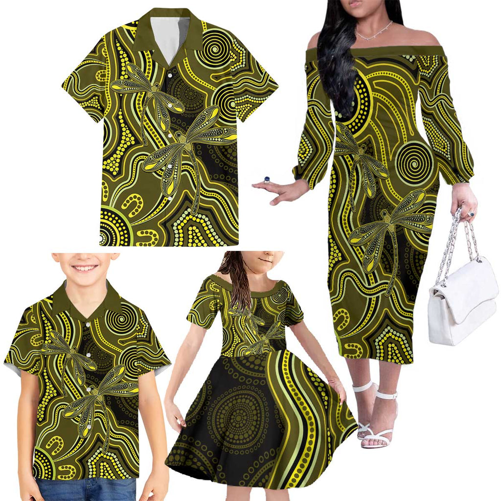 Yellow Indigenous Dragonfly Australia Family Matching Off The Shoulder Long Sleeve Dress and Hawaiian Shirt Aboriginal Art - Aussie Hoodie