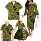 Yellow Indigenous Dragonfly Australia Family Matching Off The Shoulder Long Sleeve Dress and Hawaiian Shirt Aboriginal Art - Aussie Hoodie