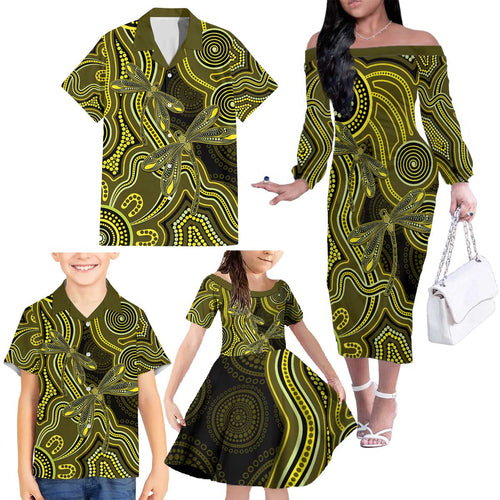 Yellow Indigenous Dragonfly Australia Family Matching Off The Shoulder Long Sleeve Dress and Hawaiian Shirt Aboriginal Art - Aussie Hoodie