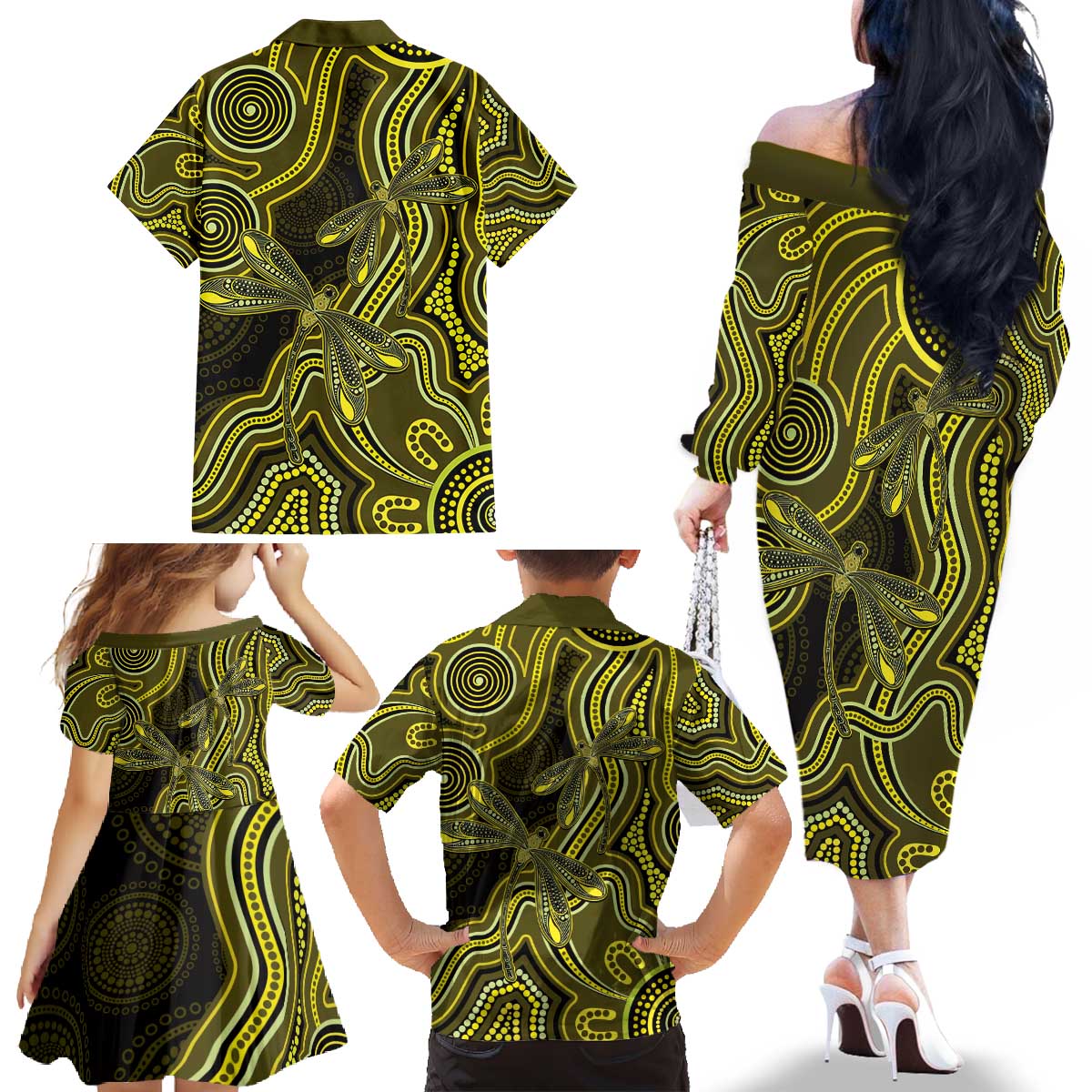 Yellow Indigenous Dragonfly Australia Family Matching Off The Shoulder Long Sleeve Dress and Hawaiian Shirt Aboriginal Art - Aussie Hoodie