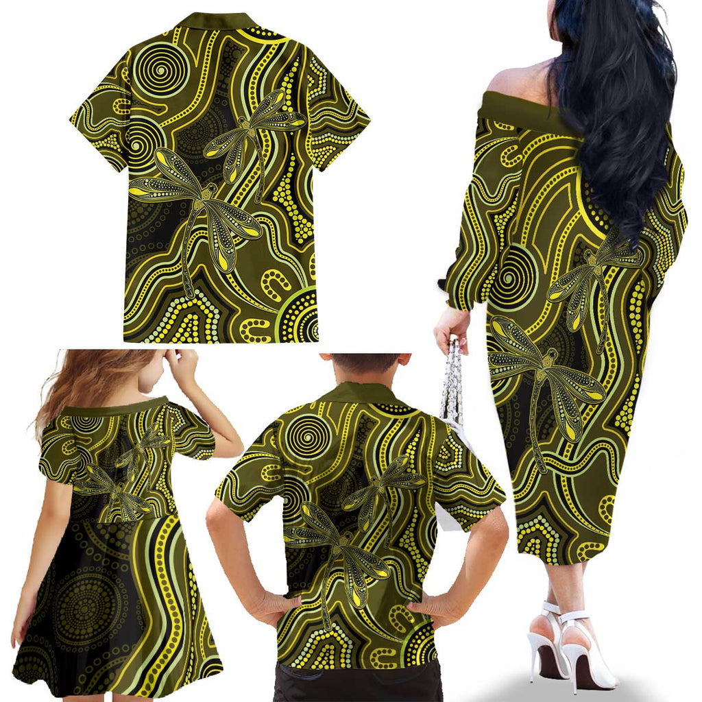 Yellow Indigenous Dragonfly Australia Family Matching Off The Shoulder Long Sleeve Dress and Hawaiian Shirt Aboriginal Art - Aussie Hoodie