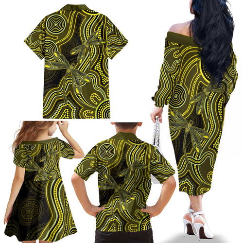 Yellow Indigenous Dragonfly Australia Family Matching Off The Shoulder Long Sleeve Dress and Hawaiian Shirt Aboriginal Art - Aussie Hoodie