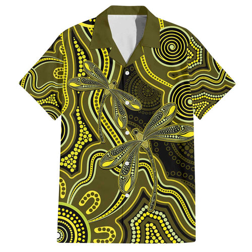 Yellow Indigenous Dragonfly Australia Family Matching Off The Shoulder Long Sleeve Dress and Hawaiian Shirt Aboriginal Art - Aussie Hoodie