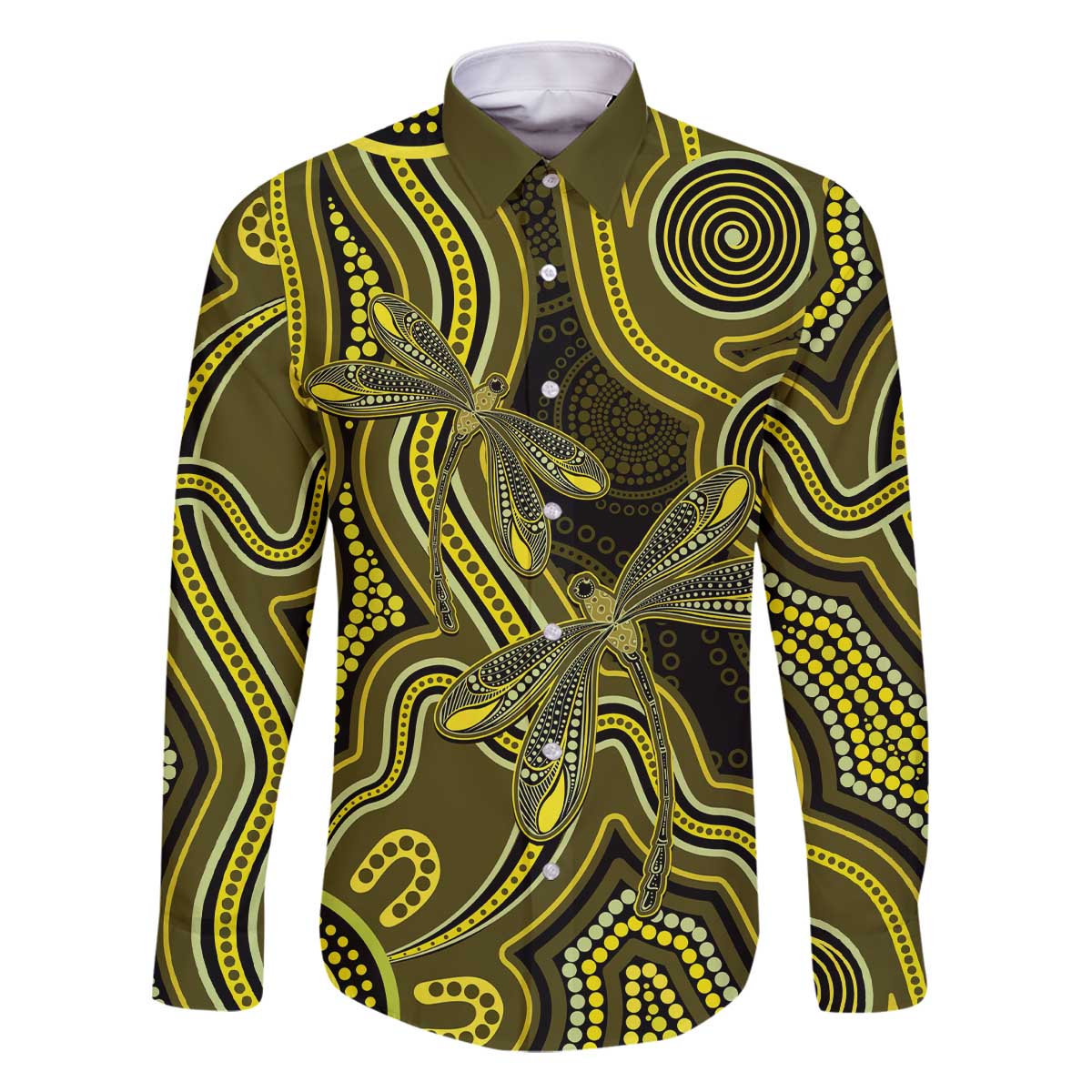 Yellow Indigenous Dragonfly Australia Family Matching Off The Shoulder Long Sleeve Dress and Hawaiian Shirt Aboriginal Art - Aussie Hoodie