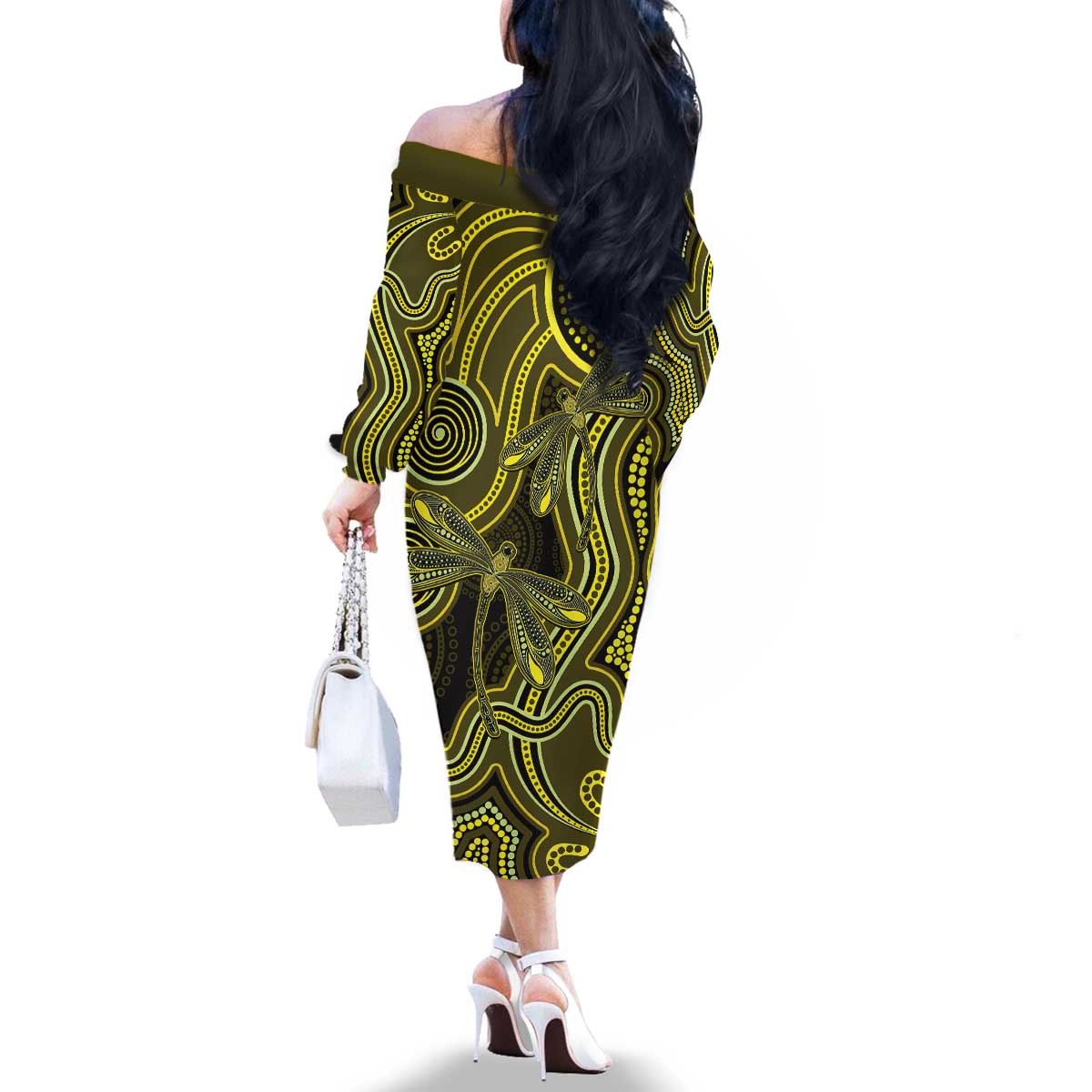 Yellow Indigenous Dragonfly Australia Family Matching Off The Shoulder Long Sleeve Dress and Hawaiian Shirt Aboriginal Art - Aussie Hoodie