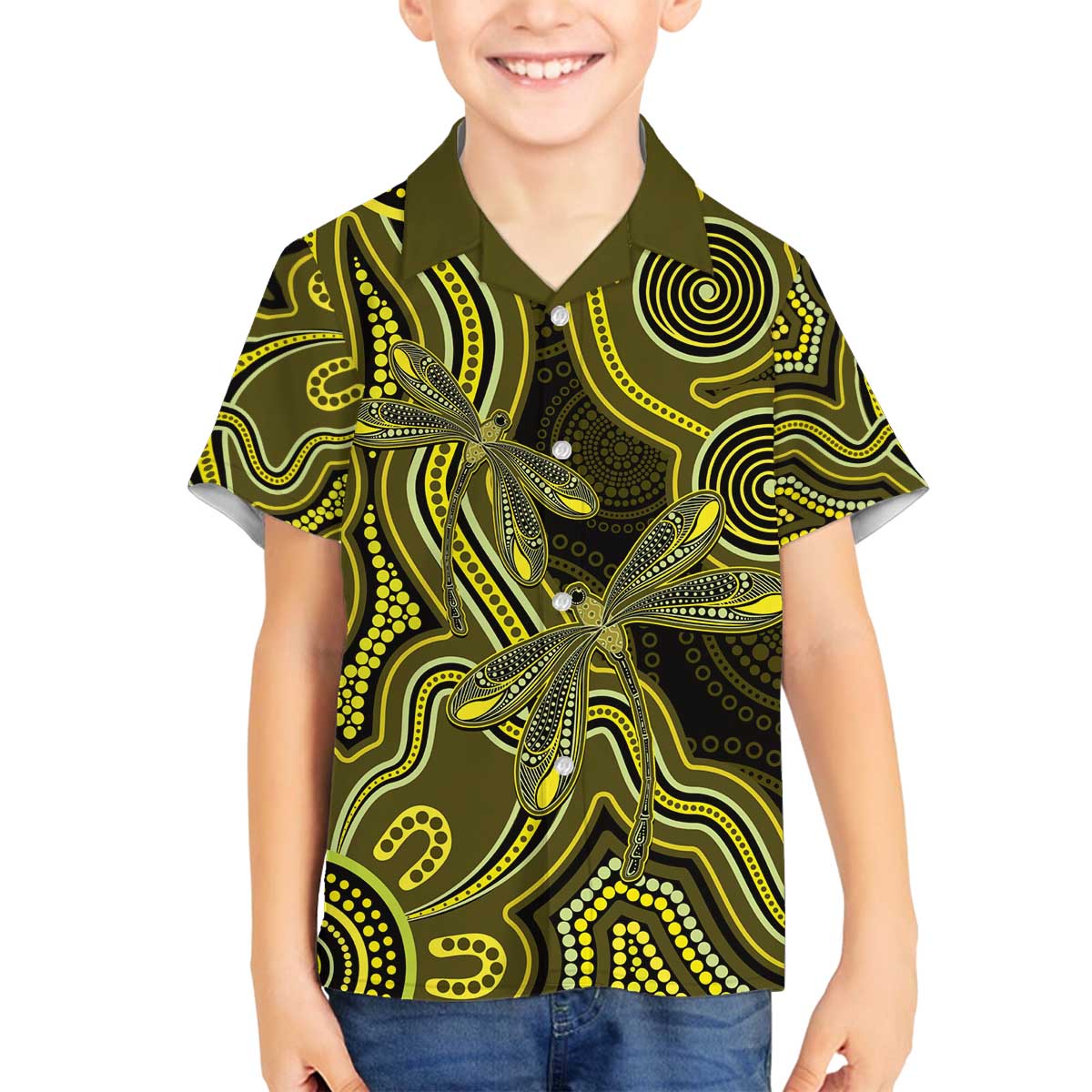 Yellow Indigenous Dragonfly Australia Family Matching Off The Shoulder Long Sleeve Dress and Hawaiian Shirt Aboriginal Art - Aussie Hoodie