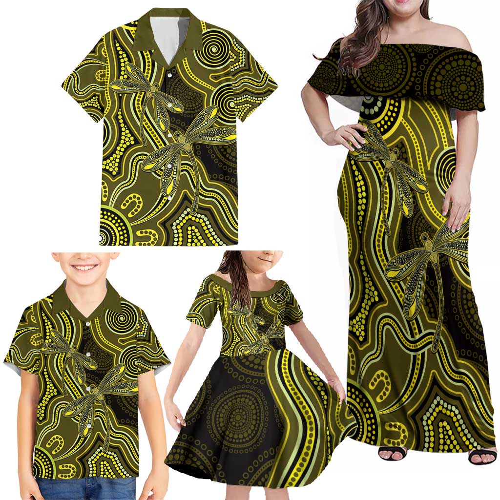 Yellow Indigenous Dragonfly Australia Family Matching Off Shoulder Maxi Dress and Hawaiian Shirt Aboriginal Art - Aussie Hoodie