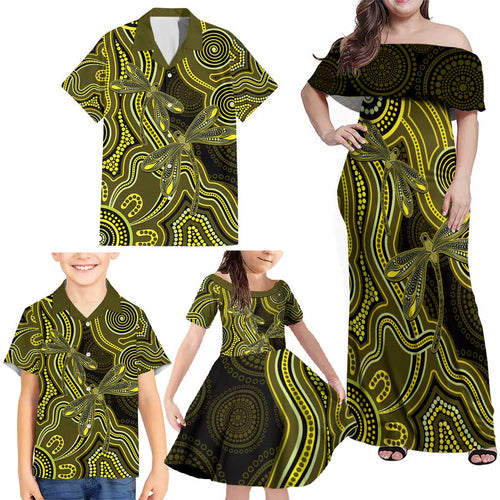 Yellow Indigenous Dragonfly Australia Family Matching Off Shoulder Maxi Dress and Hawaiian Shirt Aboriginal Art - Aussie Hoodie