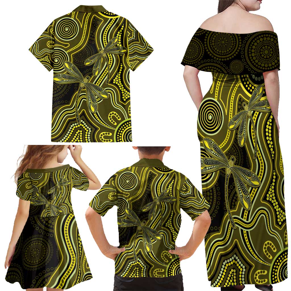 Yellow Indigenous Dragonfly Australia Family Matching Off Shoulder Maxi Dress and Hawaiian Shirt Aboriginal Art - Aussie Hoodie