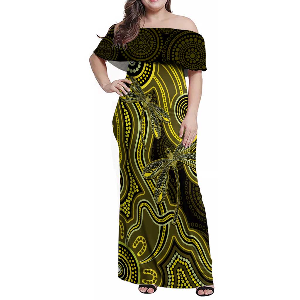 Yellow Indigenous Dragonfly Australia Family Matching Off Shoulder Maxi Dress and Hawaiian Shirt Aboriginal Art - Aussie Hoodie