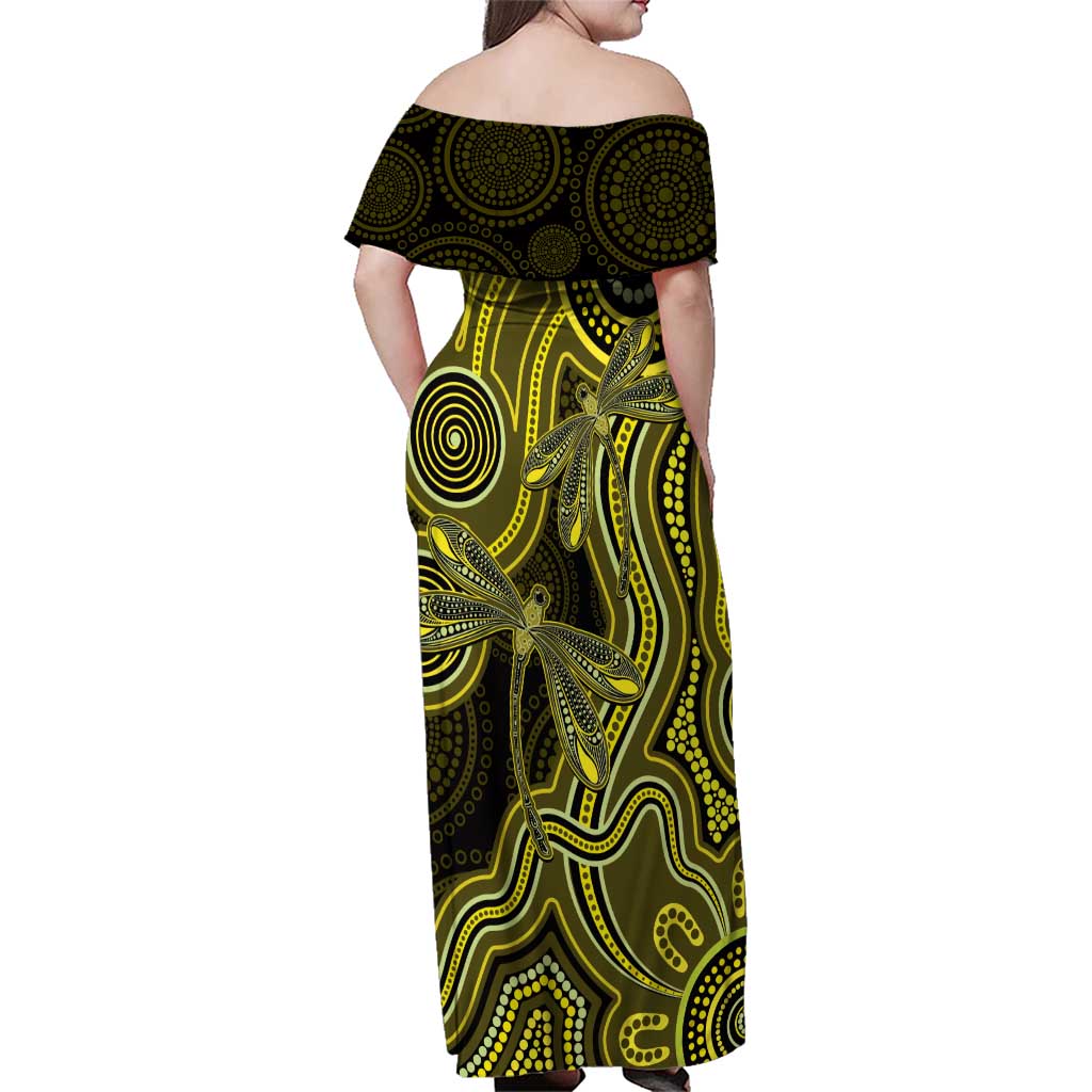 Yellow Indigenous Dragonfly Australia Family Matching Off Shoulder Maxi Dress and Hawaiian Shirt Aboriginal Art - Aussie Hoodie