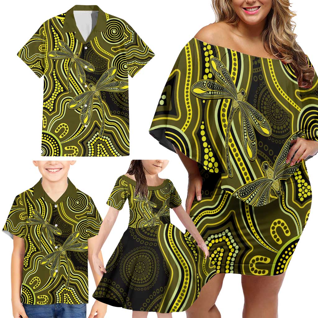 Yellow Indigenous Dragonfly Australia Family Matching Off Shoulder Short Dress and Hawaiian Shirt Aboriginal Art - Aussie Hoodie
