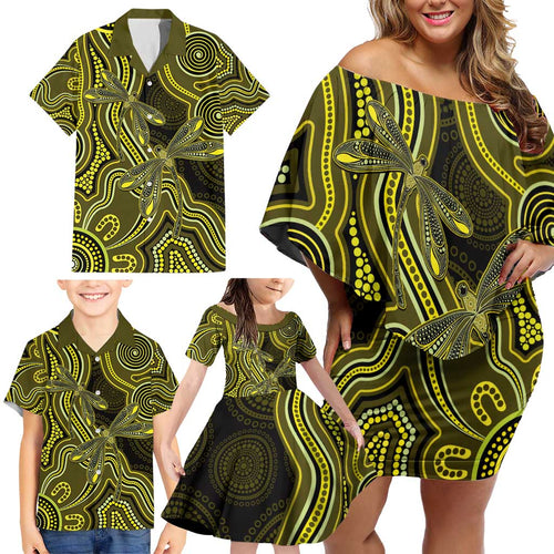 Yellow Indigenous Dragonfly Australia Family Matching Off Shoulder Short Dress and Hawaiian Shirt Aboriginal Art - Aussie Hoodie