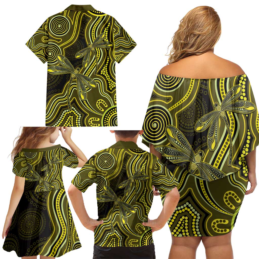 Yellow Indigenous Dragonfly Australia Family Matching Off Shoulder Short Dress and Hawaiian Shirt Aboriginal Art - Aussie Hoodie