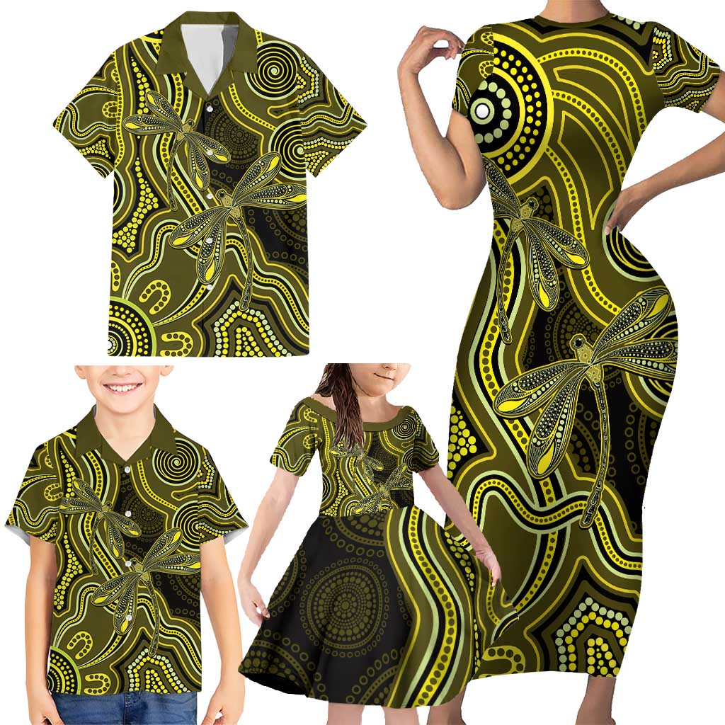 Yellow Indigenous Dragonfly Australia Family Matching Short Sleeve Bodycon Dress and Hawaiian Shirt Aboriginal Art - Aussie Hoodie