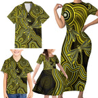 Yellow Indigenous Dragonfly Australia Family Matching Short Sleeve Bodycon Dress and Hawaiian Shirt Aboriginal Art - Aussie Hoodie