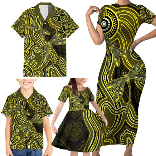 Yellow Indigenous Dragonfly Australia Family Matching Short Sleeve Bodycon Dress and Hawaiian Shirt Aboriginal Art - Aussie Hoodie
