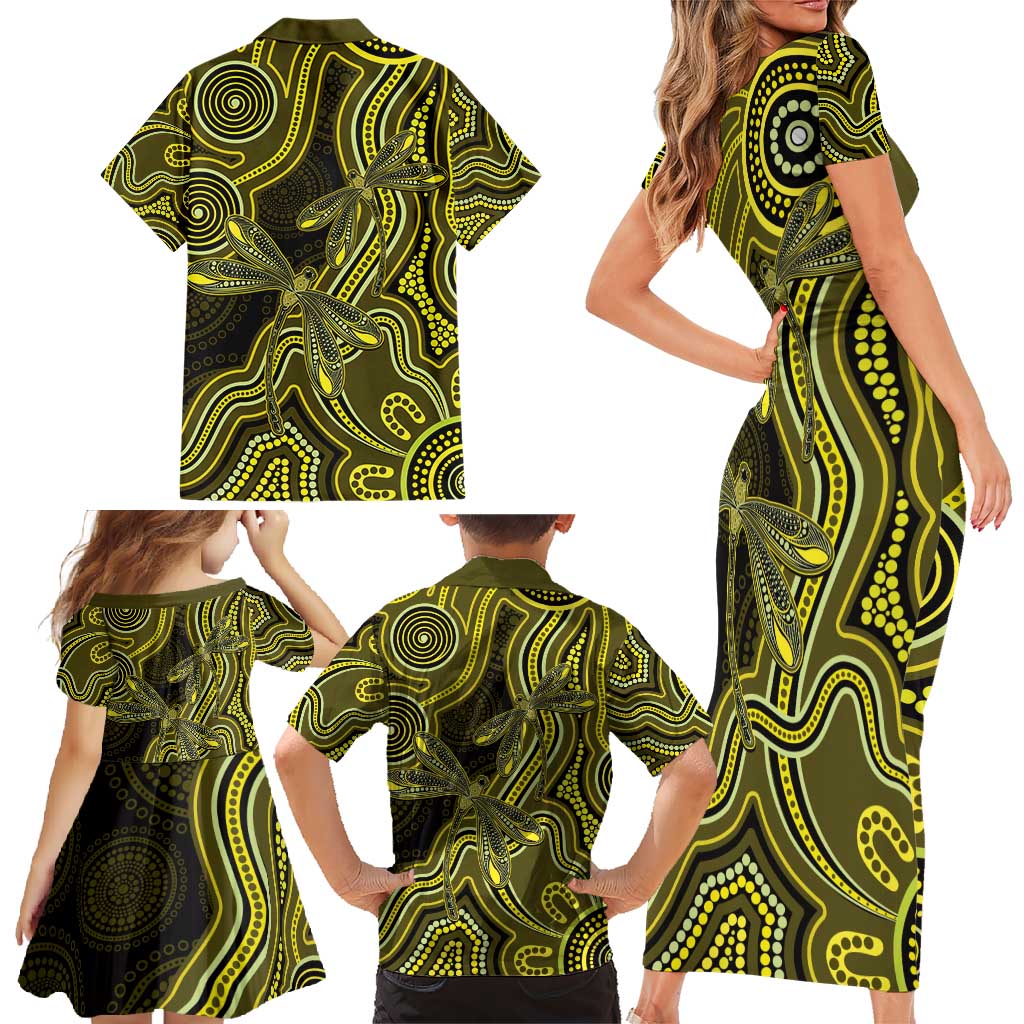 Yellow Indigenous Dragonfly Australia Family Matching Short Sleeve Bodycon Dress and Hawaiian Shirt Aboriginal Art - Aussie Hoodie