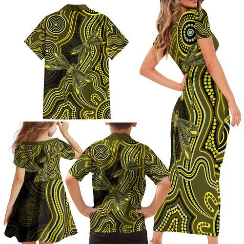 Yellow Indigenous Dragonfly Australia Family Matching Short Sleeve Bodycon Dress and Hawaiian Shirt Aboriginal Art - Aussie Hoodie