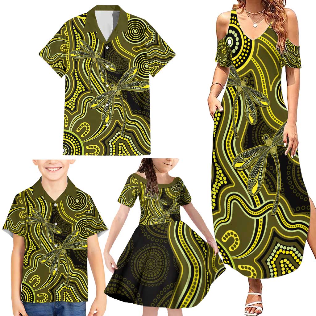 Yellow Indigenous Dragonfly Australia Family Matching Summer Maxi Dress and Hawaiian Shirt Aboriginal Art - Aussie Hoodie