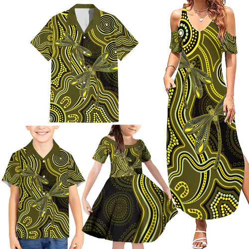 Yellow Indigenous Dragonfly Australia Family Matching Summer Maxi Dress and Hawaiian Shirt Aboriginal Art - Aussie Hoodie