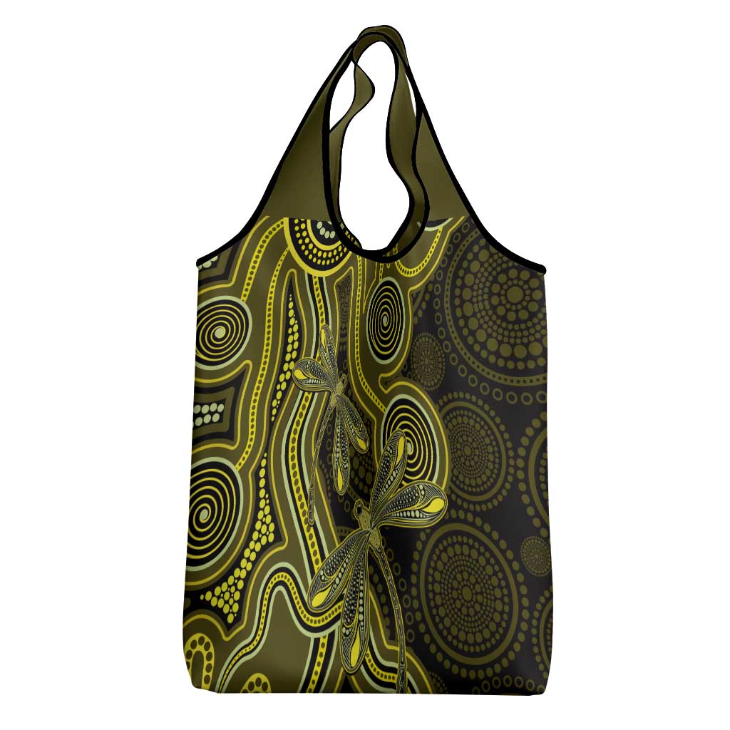 Yellow Indigenous Dragonfly Australia Grocery Bag Aboriginal Art - Aussie Hoodie