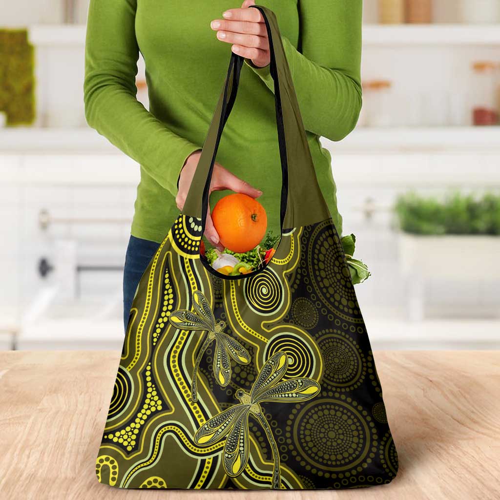Yellow Indigenous Dragonfly Australia Grocery Bag Aboriginal Art - Aussie Hoodie