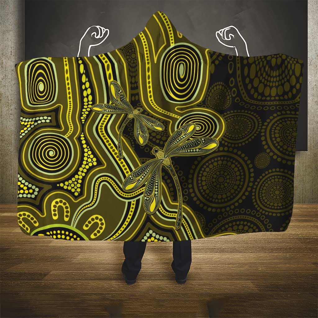 Yellow Indigenous Dragonfly Australia Hooded Blanket Aboriginal Art - Aussie Hoodie