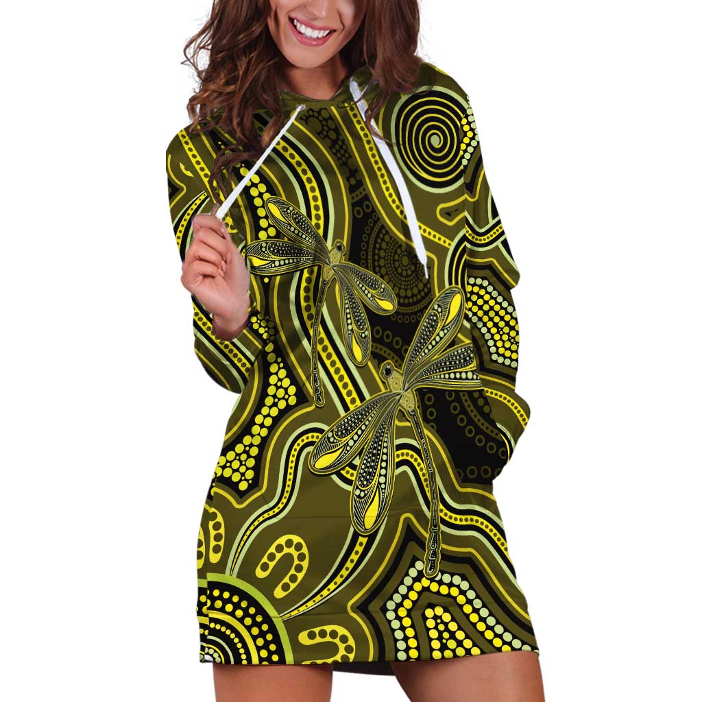 Yellow Indigenous Dragonfly Australia Hoodie Dress Aboriginal Art - Aussie Hoodie