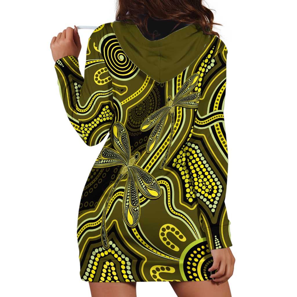 Yellow Indigenous Dragonfly Australia Hoodie Dress Aboriginal Art - Aussie Hoodie