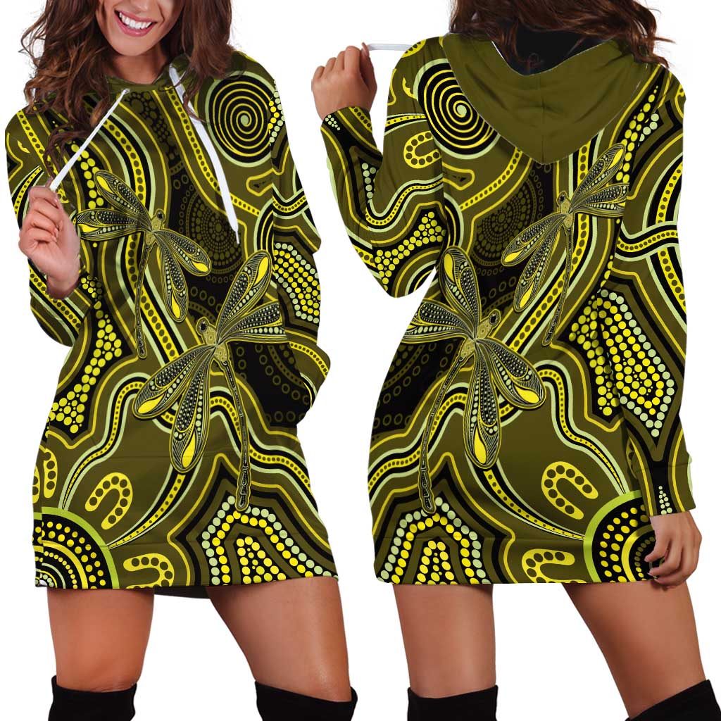 Yellow Indigenous Dragonfly Australia Hoodie Dress Aboriginal Art - Aussie Hoodie