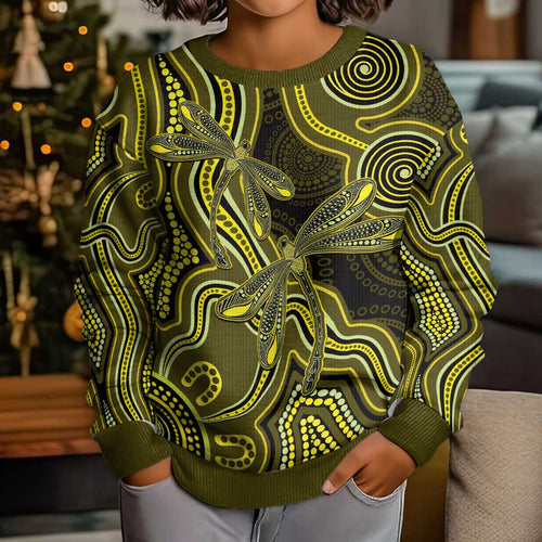 Yellow Indigenous Dragonfly Australia Kid Ugly Christmas Sweater Aboriginal Art - Aussie Hoodie