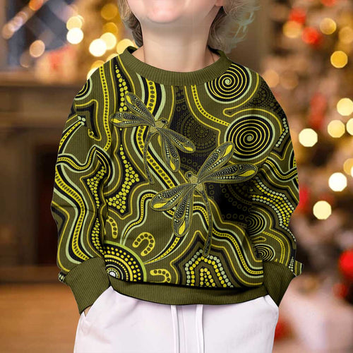 Yellow Indigenous Dragonfly Australia Kid Ugly Christmas Sweater Aboriginal Art - Aussie Hoodie